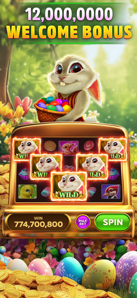 Scatter Slots - Slot Machines - Scatter Slots mobile app screenshot showing an Easter-themed slot machine with a bunny character and 12 million welcome bonus.