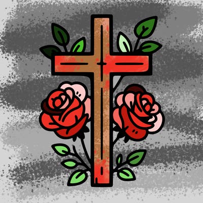 simple cross with simple roses around it