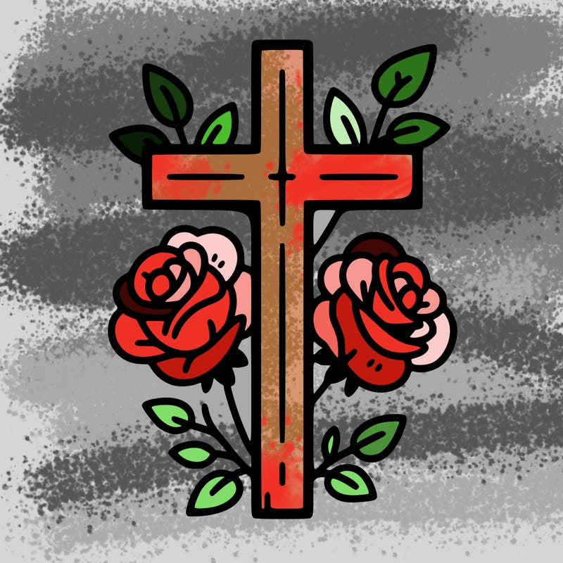 simple cross with simple roses around it