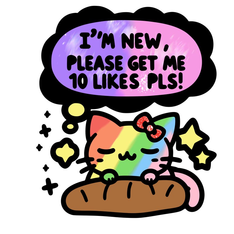 kitty taking a nap dream talking and saying "i'm new, please get me at least 10 likes pls!!"