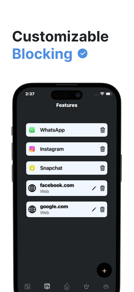 BlockP: Pornblocker app - BlockP interface showing customizable blocking options for social media apps and websites like Instagram and Facebook