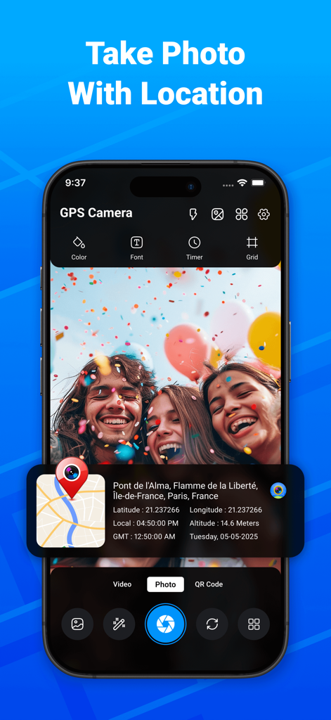 GPS Camera: Stamp Photo Map - Una interfaz de smartphone que muestra una foto georreferenciada con coordenadas de mapa y marca de tiempo
