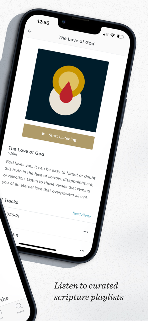 Smartphone screen displaying the ESV Bible app with a curated scripture playlist titled The Love of God