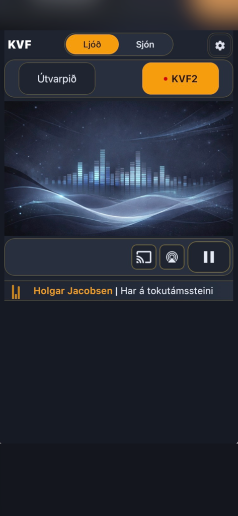 KVF live - KVF live app radio player screen featuring an audio visualizer and song information
