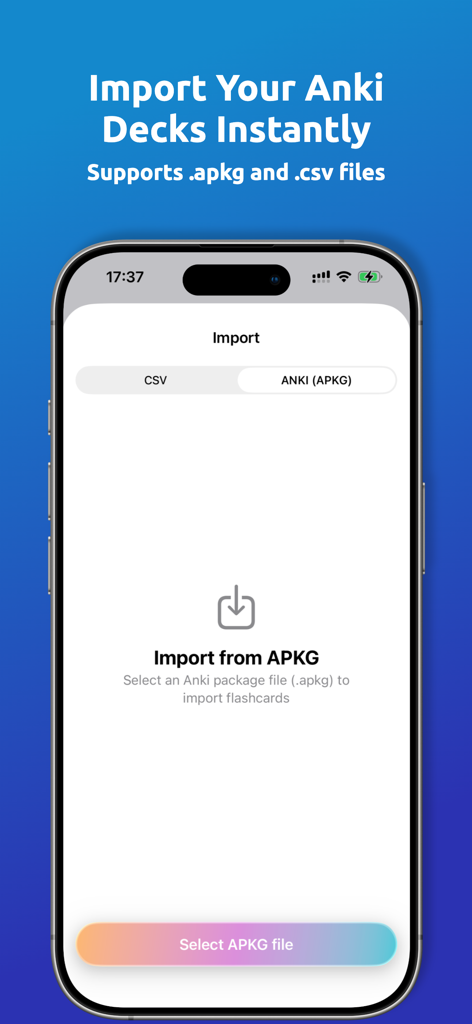 Interface of the Simple Anki app showing the option to import decks using apkg and csv files on an iPhone