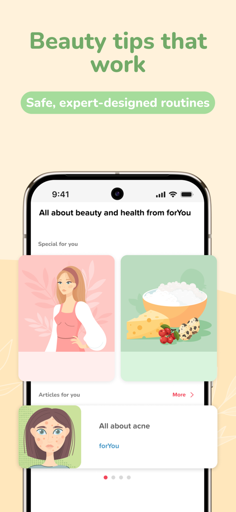 forYou: Face Yoga & Massage - A mobile app screen for forYou Face Yoga & Massage displaying beauty tips, expert-designed routines, and articles about health and acne.