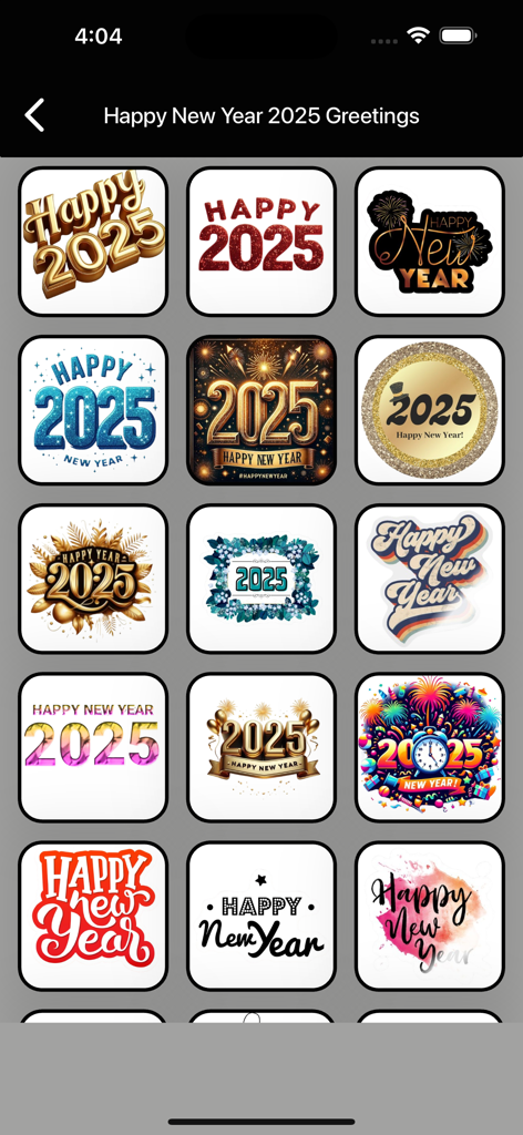 다양한 다채롭고 축제 같은 새해 2026 인사 카드 및 스티커 디자인 그리드 표시