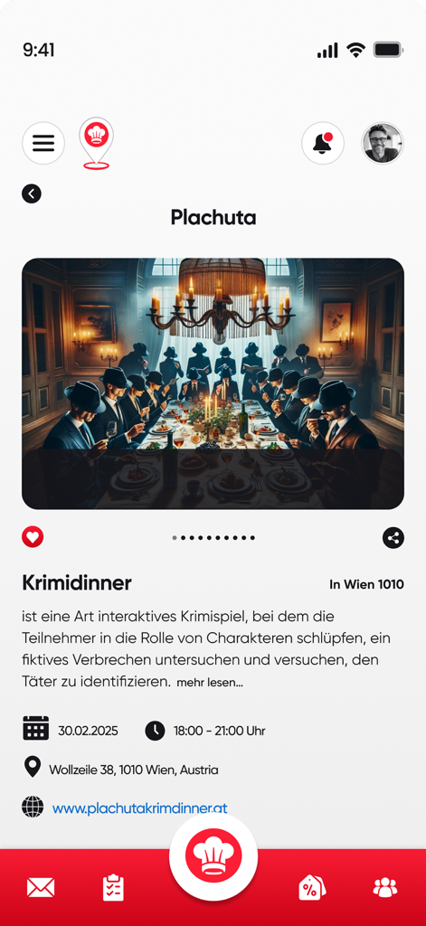 GetaChef - Pantalla de la aplicación móvil que muestra los detalles del evento para una cena temática de misterio y asesinato en el restaurante Plachuta.