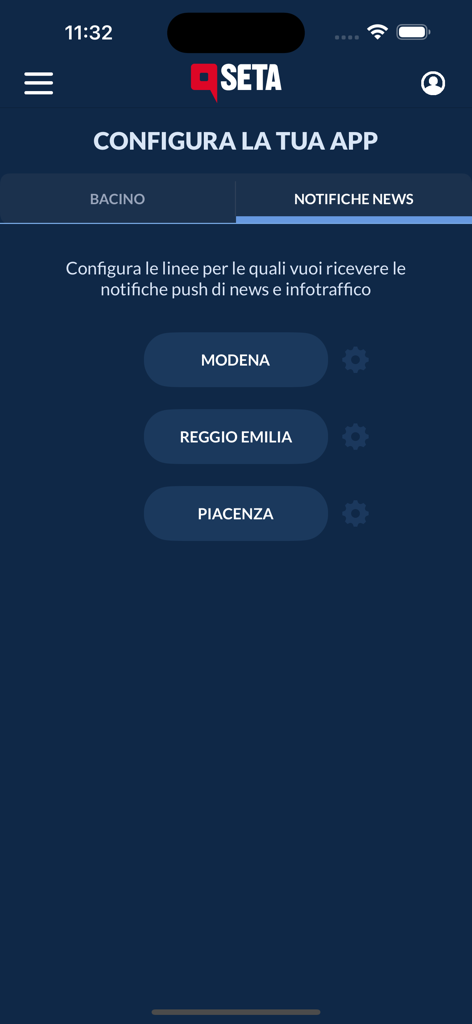 SETA - Schermata di configurazione dell'app SETA per l'impostazione delle notifiche di notizie e traffico per Modena Reggio Emilia e Piacenza