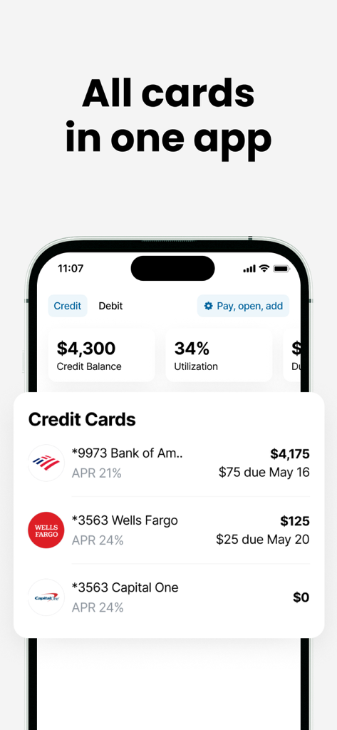 Gauss: Payoff Credit Card Debt - Gauss app dashboard showing a list of credit cards with balances and interest rates in one place