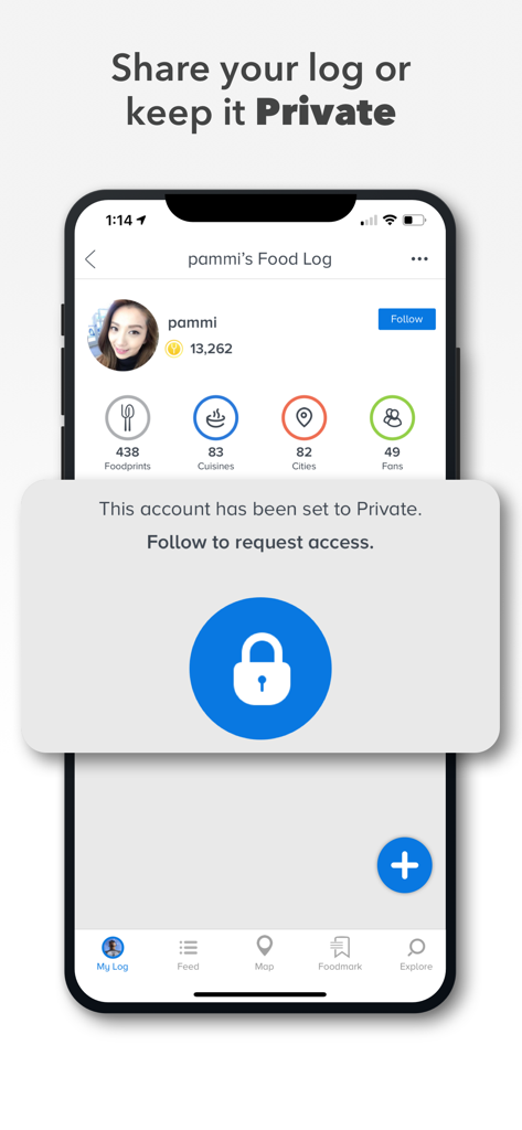YUMMI: Restaurant & Food Diary - Captura de pantalla de la aplicación Yummi que muestra un perfil de cuenta privada con un ícono de candado y un mensaje para seguir para acceder.