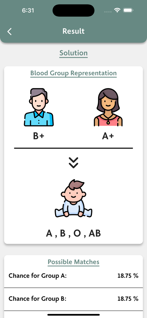 Blood group finder app result screen showing the probability of a baby blood type based on parent blood types