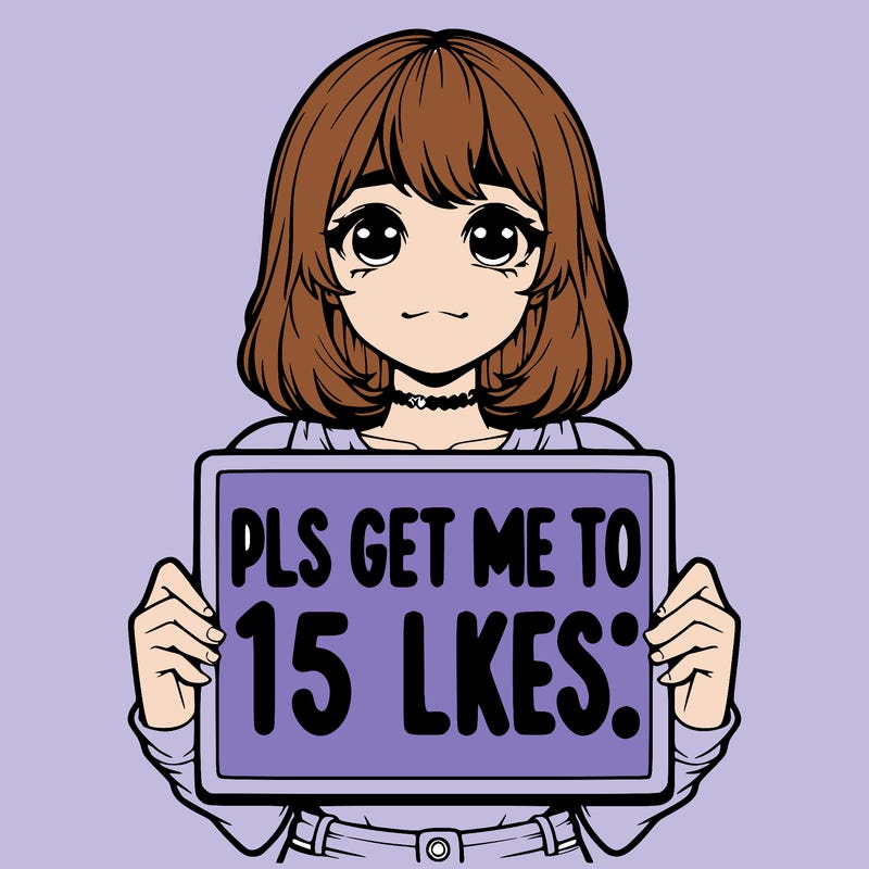 realistic girl holding up a sign that says “pls get me to 15 likes!”