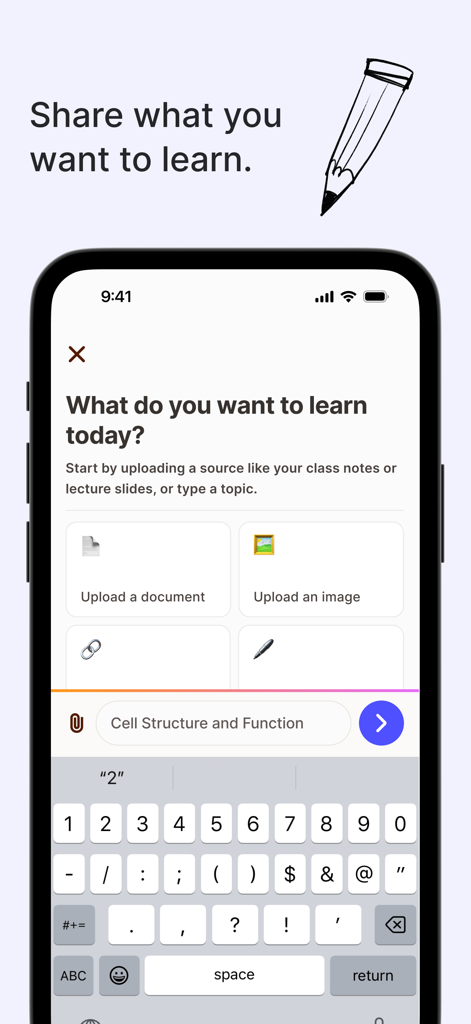 Campus - AI Learning Companion - Screenshot of the Campus AI app interface where users can upload study materials or type a learning topic like Cell Structure and Function