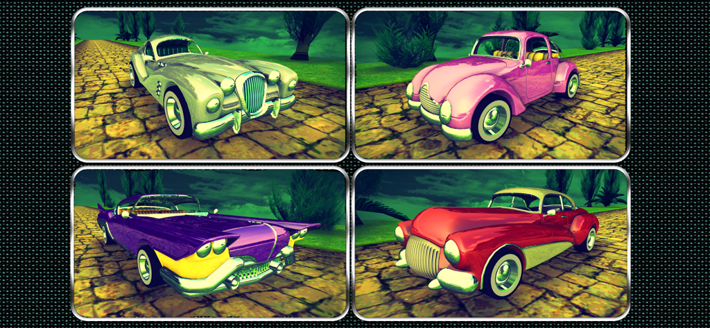 Four different vintage cars with custom paint jobs in Vertigo Racing
