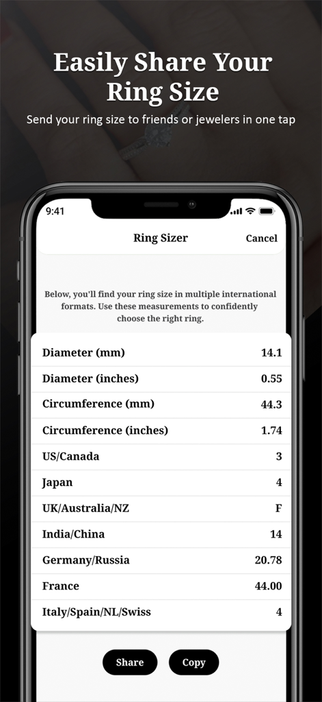 Ring Size - Find Your Size - さまざまな国や共有オプションの測定値を含む、包括的なリングサイズ変換チャートを表示するモバイルアプリ画面。
