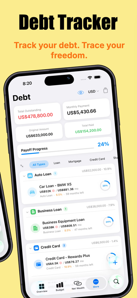 Wealth - All in One Tracker - Screenshot della funzionalità Debt Tracker nell'app Wealth che mostra il debito totale da saldare, i pagamenti mensili e i progressi di estinzione per vari prestiti