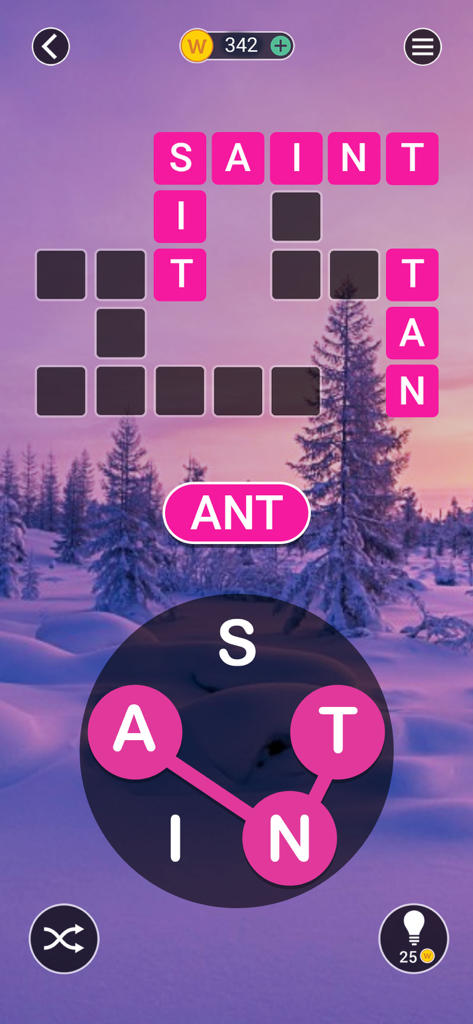 Crossword Jam: Fun Word Search - Crossword Jam word puzzle interface with a scenic winter forest background