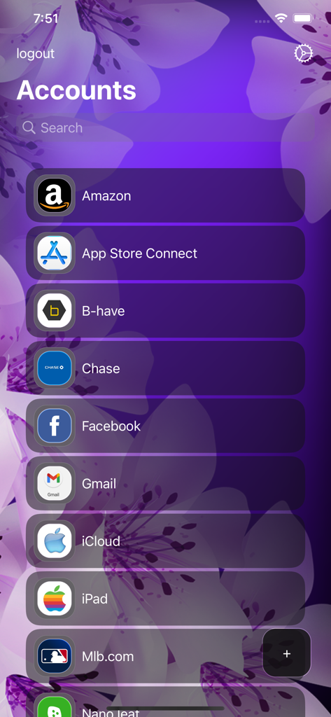 Passkeep mobile app screen displaying a list of stored user accounts