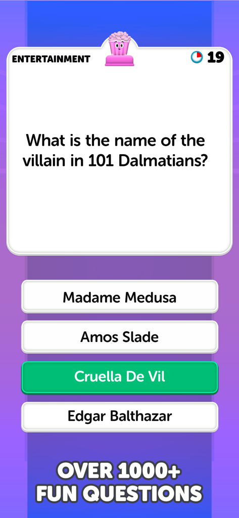 Trivia Show game screen displaying an entertainment category question about the villain in 101 Dalmatians with the correct answer Cruella De Vil highlighted.