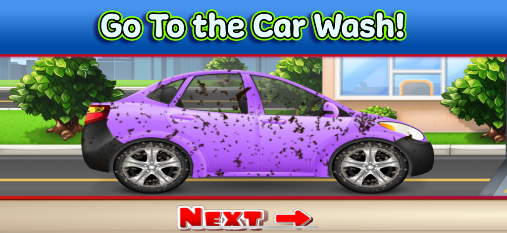 Tiny Car & Truck Wash Games - A muddy purple car ready to be cleaned in the Tiny Car Wash game