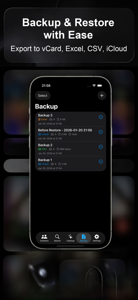 cSync: Sync Google Contacts,.. - Tela do iPhone exibindo a interface de backup do aplicativo cSync com opções para exportar contatos para formatos Excel, vCard e CSV