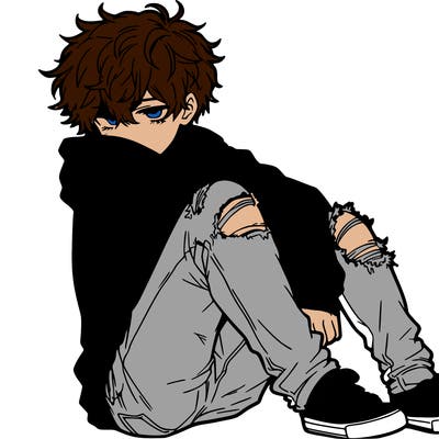 a male hoddie ripped jeans messy hair anime