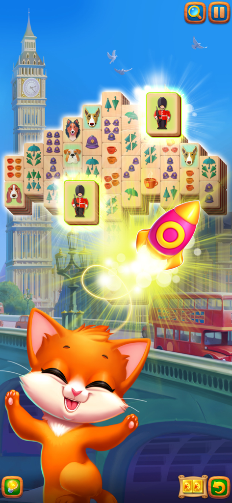 Mahjong Journey tile matching game with a London theme and a happy orange cat.