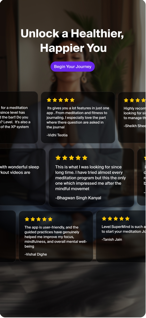 Screenshot of the Level app showing positive user testimonials and a call to action button to begin a wellness journey.