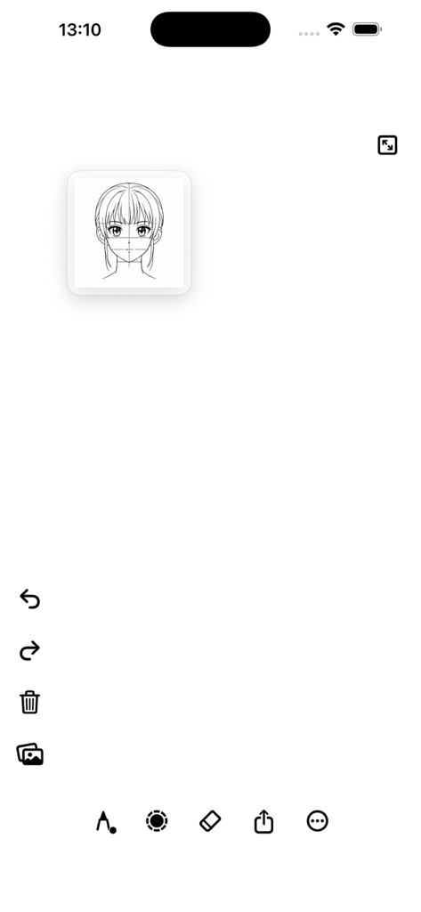 Trace Drawing app - Lienzo de dibujo en blanco en la aplicación Trace Drawing con una tarjeta de referencia flotante de rostro de chica anime para practicar el trazado.