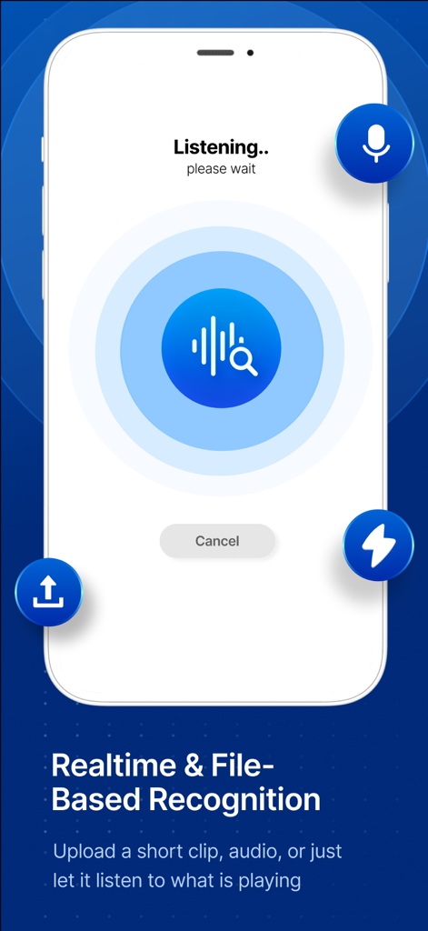 Écran de l'application Song Finder affichant la reconnaissance musicale en temps réel et basée sur des fichiers avec une animation d'écoute active.