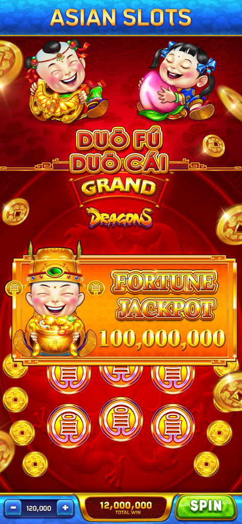 Asian themed slot machine interface with a 100 million coin jackpot display
