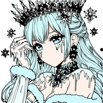 a realistic fantasy manga queen covered in ice