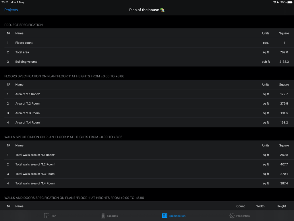 Capture d'écran de l'application HomeCAD sur iPad montrant les spécifications automatisées du projet avec la surface totale et les mesures des pièces en pieds carrés.