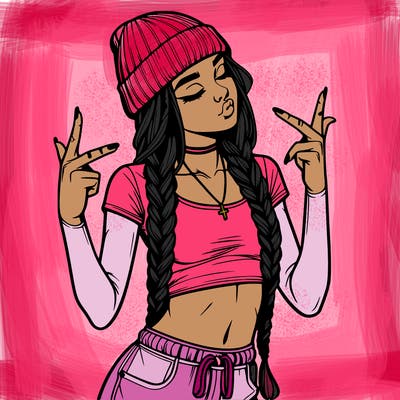 realistic teenage girl with braids and a beanie and crop top doing 🫶🏼