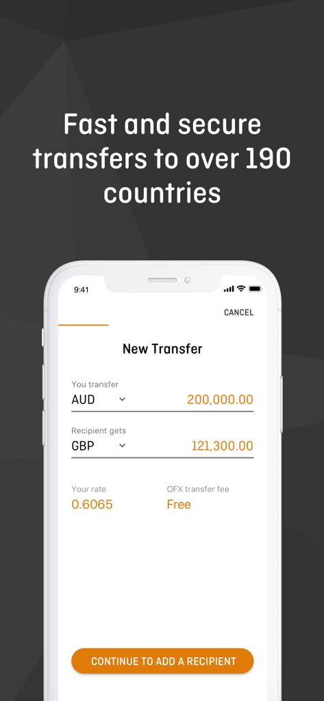 OFX Money Transfer - Mobile interface of the OFX app showing a large currency transfer from Australian Dollars to British Pounds with zero fees