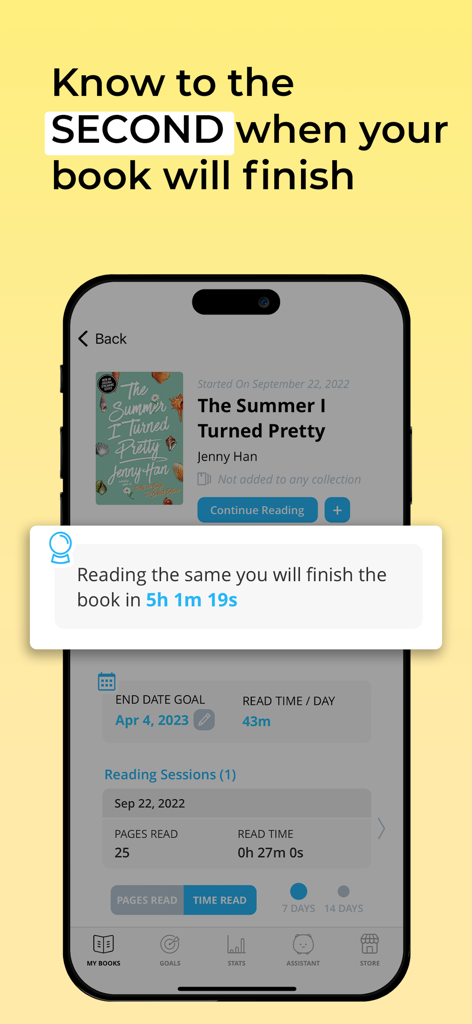 Bookly app screen showing the exact time remaining to finish reading a book