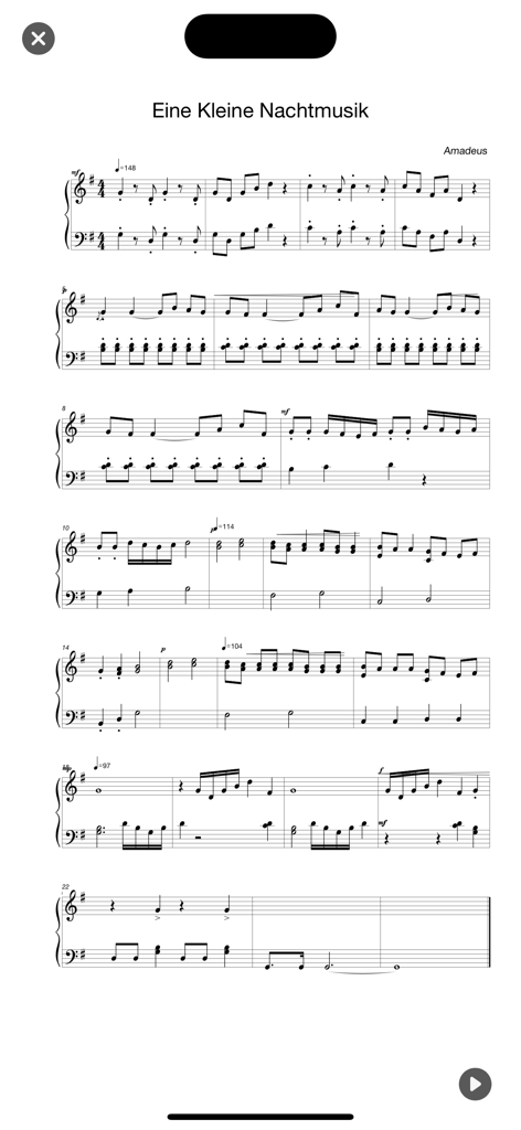 Composer Pro - Score Creator - Sheet music for Eine Kleine Nachtmusik displayed in the Composer Pro app on a mobile device.