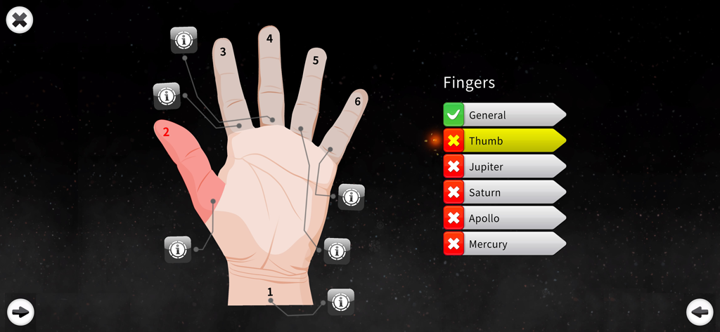 Palm Reading Premium - Interfaz de Palm Reading Premium mostrando una ilustración de mano con etiquetas para el análisis de dedos, incluyendo el pulgar y Júpiter