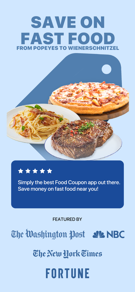 Food Coupons Deal Fast Reward - Promotional screen for the food coupons app showing fast food deals and press mentions from major news outlets