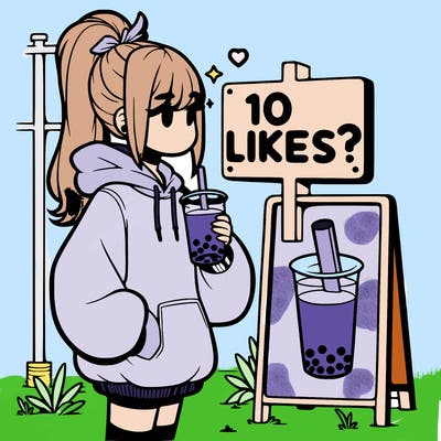 girl with oversized hoodie drinking boba and she has a high ponytail with a sign that says 10likes?
