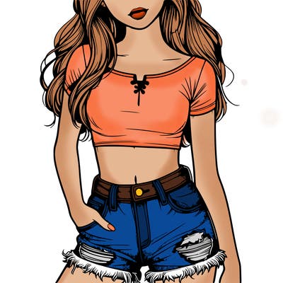 realistic girl with a crop top and ripped jean shorts