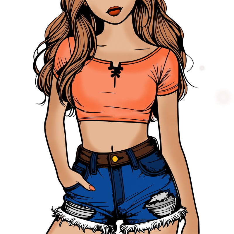 realistic girl with a crop top and ripped jean shorts