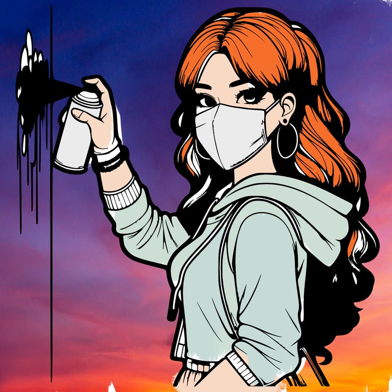 realistic girl with mask spray painting a wall