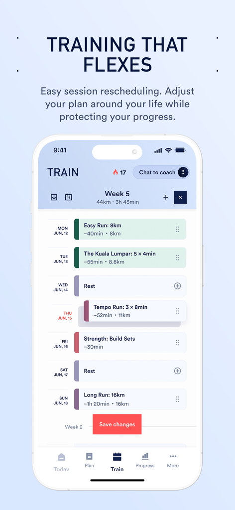 Coopah: The Run Coaching App - A weekly training schedule in the Coopah app showing different running and strength sessions with the option to reschedule workouts