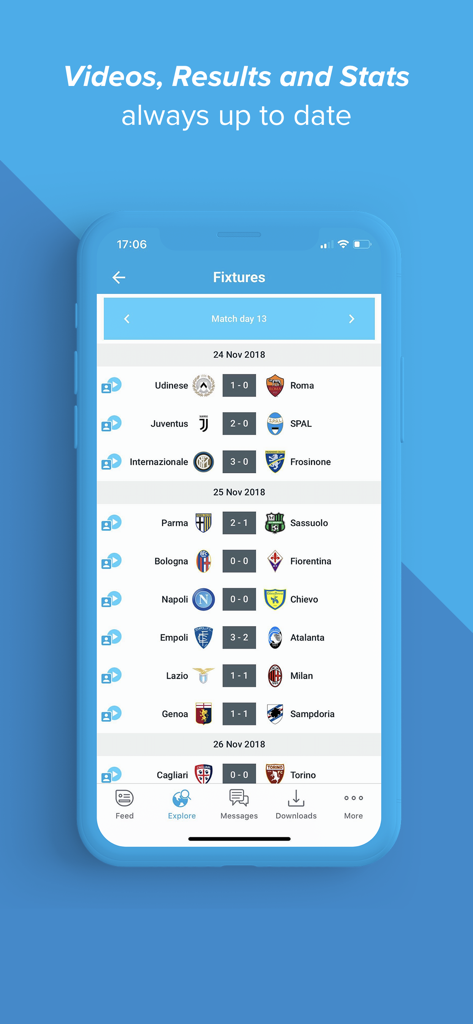 Wyscout - Wyscout app screen showing a list of professional soccer fixtures and match scores from multiple leagues.
