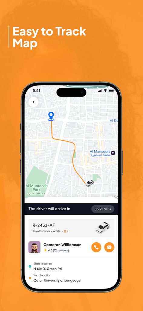 Ryde: Request affordable rides - Interfaz de la aplicación Ryde mostrando un mapa de seguimiento de viaje en tiempo real con información del conductor y tiempo estimado de llegada en Doha.