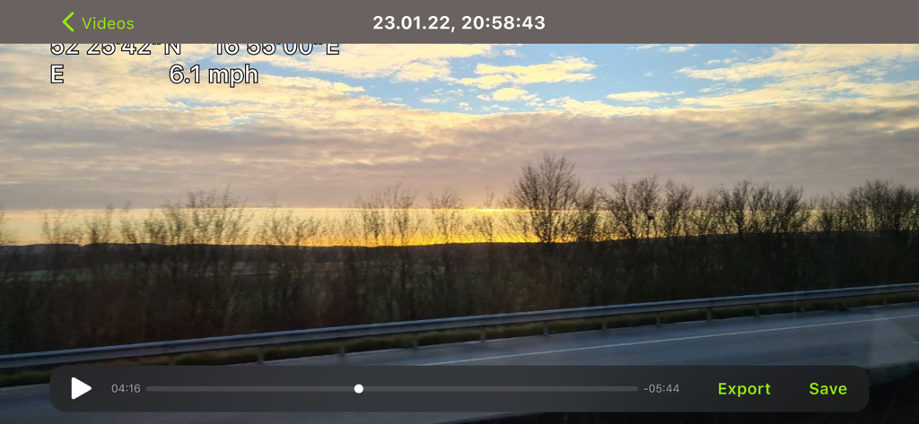 Car Camera DVR. PRO - Video playback screen of the Car Camera DVR PRO app featuring driving footage with GPS and speed data overlay.