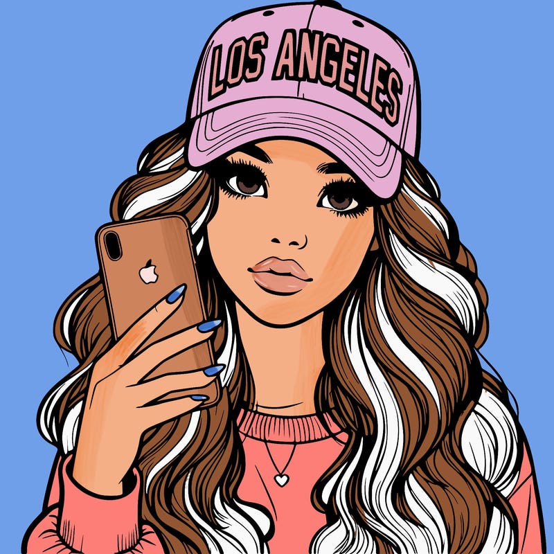 realistic beautiful girl wearing los ángeles cap holding an iphone