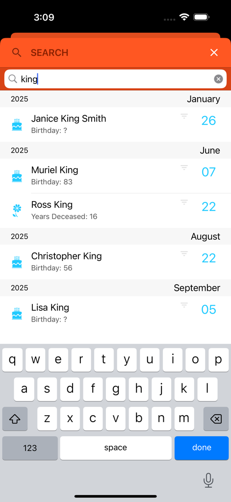 Birthday Boss - Una interfaz de búsqueda en la aplicación Birthday Boss que muestra una lista de contactos con el nombre King, incluyendo cumpleaños y aniversarios conmemorativos.